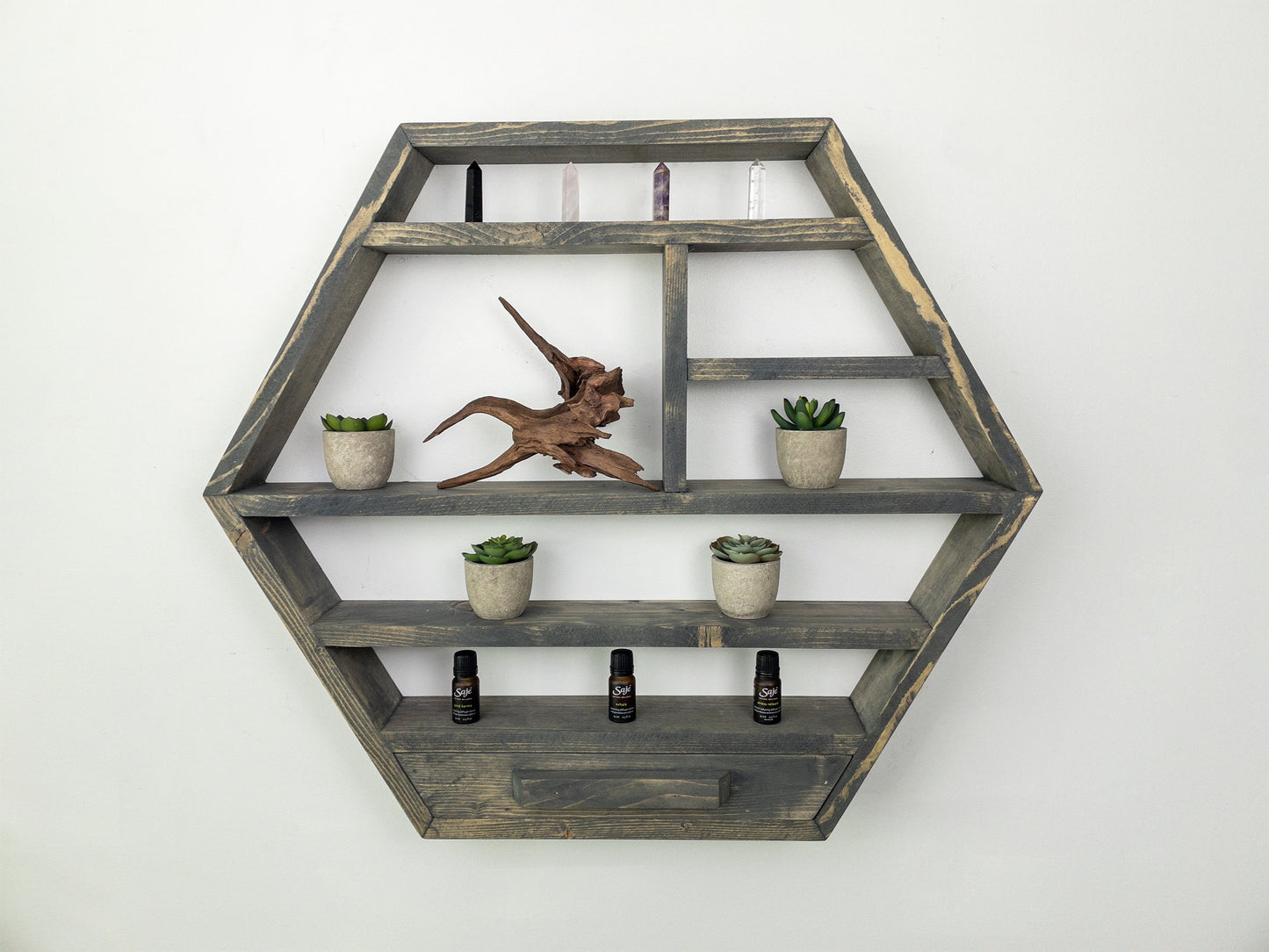 Large Honeycomb Wall Shelf - 28"x 24.2" - Crystal display shelf. Floating hexagon shelf with optional drawer.