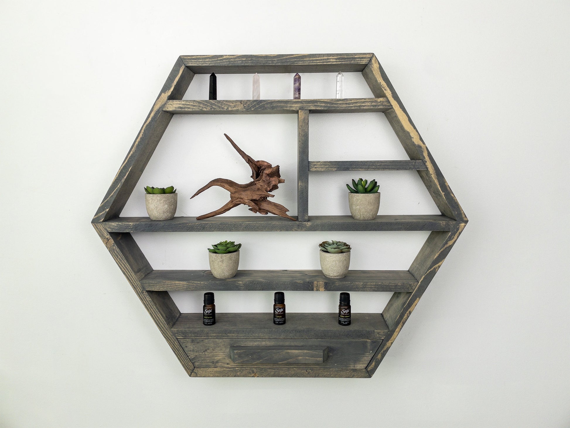 Large Honeycomb Wall Shelf - 28"x 24.2" - Crystal display shelf. Floating hexagon shelf with optional drawer.