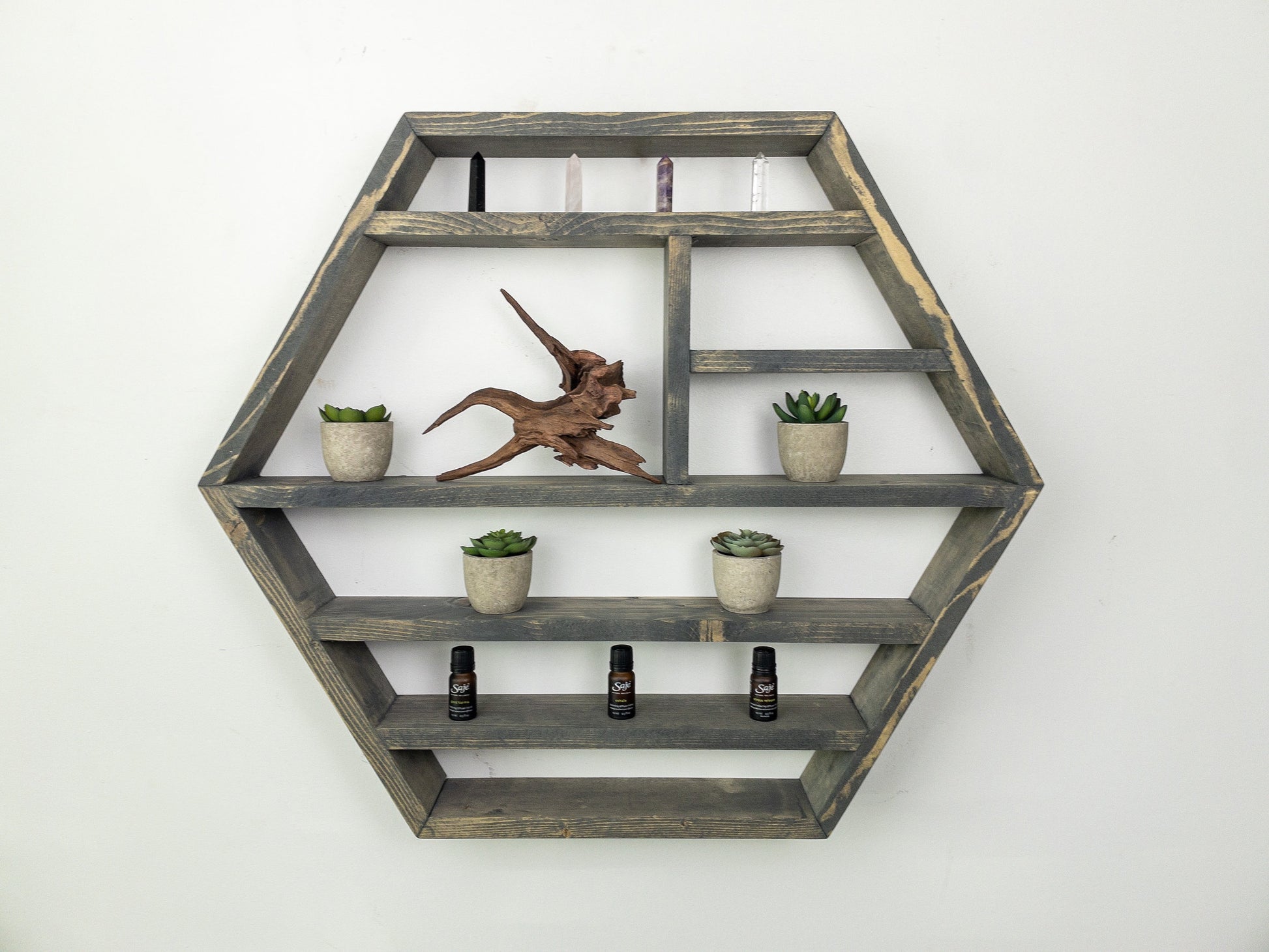 Large Honeycomb Wall Shelf - 28"x 24.2" - Crystal display shelf. Floating hexagon shelf with optional drawer.