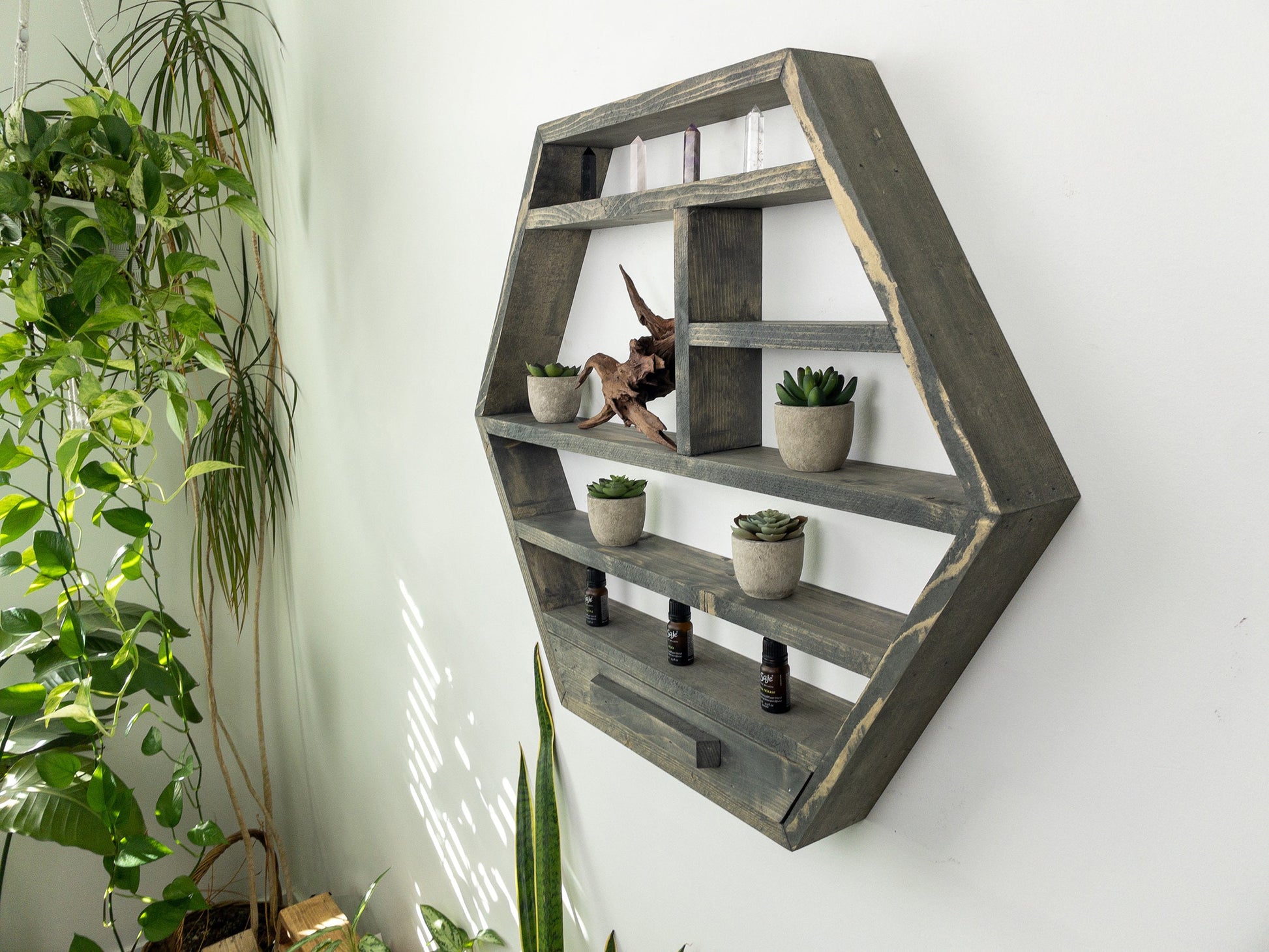Large Honeycomb Wall Shelf - 28"x 24.2" - Crystal display shelf. Floating hexagon shelf with optional drawer.