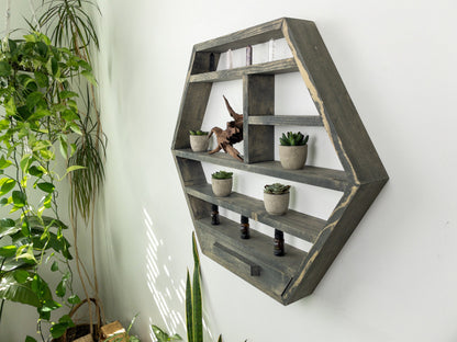 Large Honeycomb Wall Shelf - 28"x 24.2" - Crystal display shelf. Floating hexagon shelf with optional drawer.