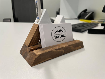 Business Card Holder, Wood Pen and Business Card Holder, Mountain Artwork, Desk Organizer, Office Gift
