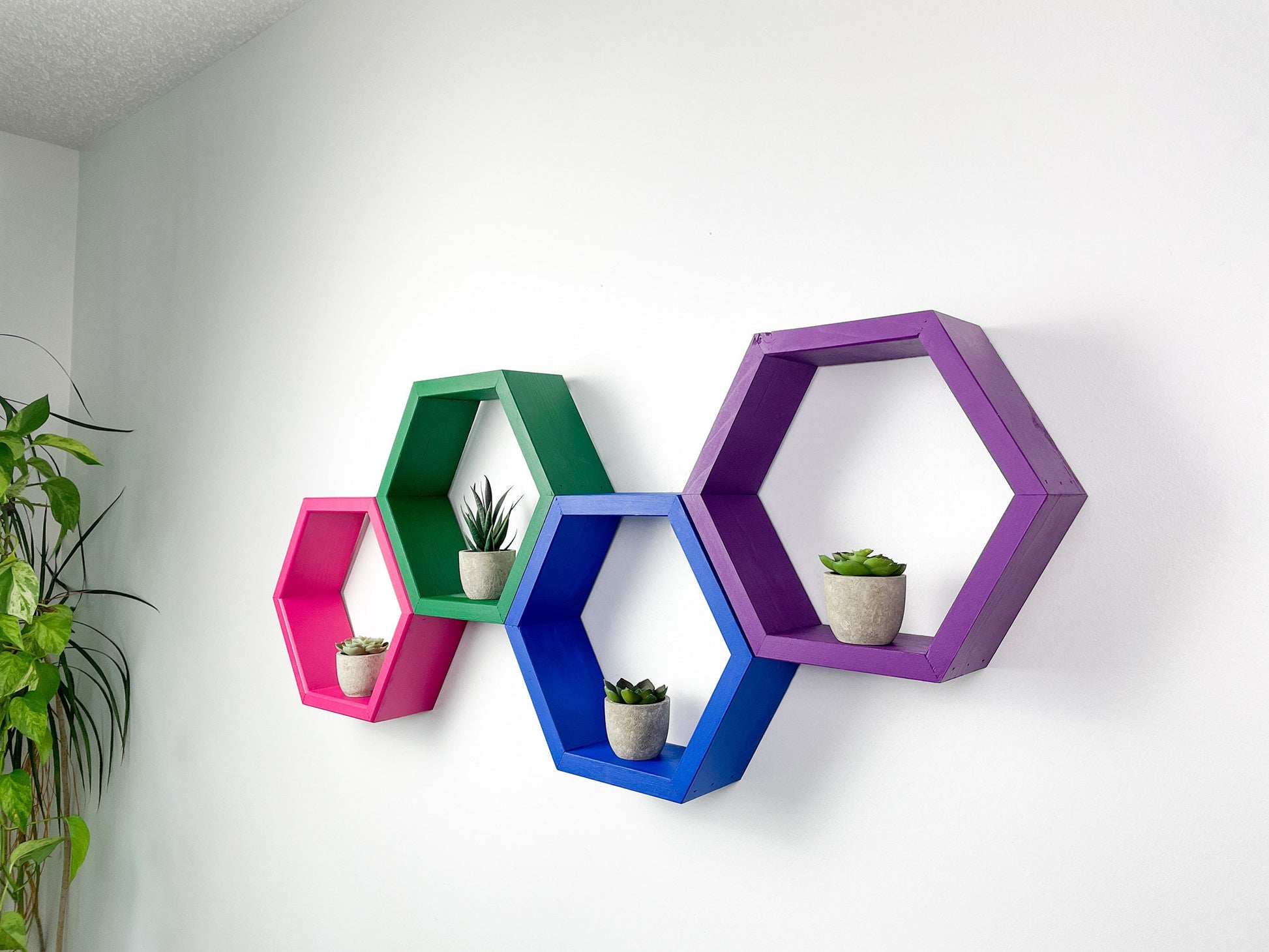 Set of 4 Hexagon Shelves, Multi Colored Hexagons, Honeycomb Shelves, Plant Shelves, Wall Decor